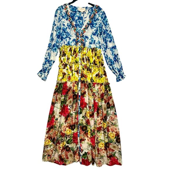 ROCOCO SAND Romantic Floral Tiered Maxi Dress Silk Beaded V-neck  XS - Picture 4 of 13